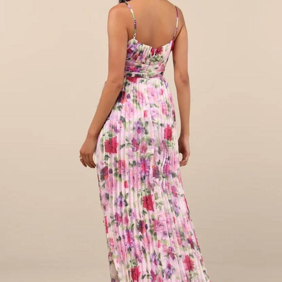 Lulus Samika Pink Multi Floral Satin Pleated Maxi Dress - Size M - Picture 4 of 4